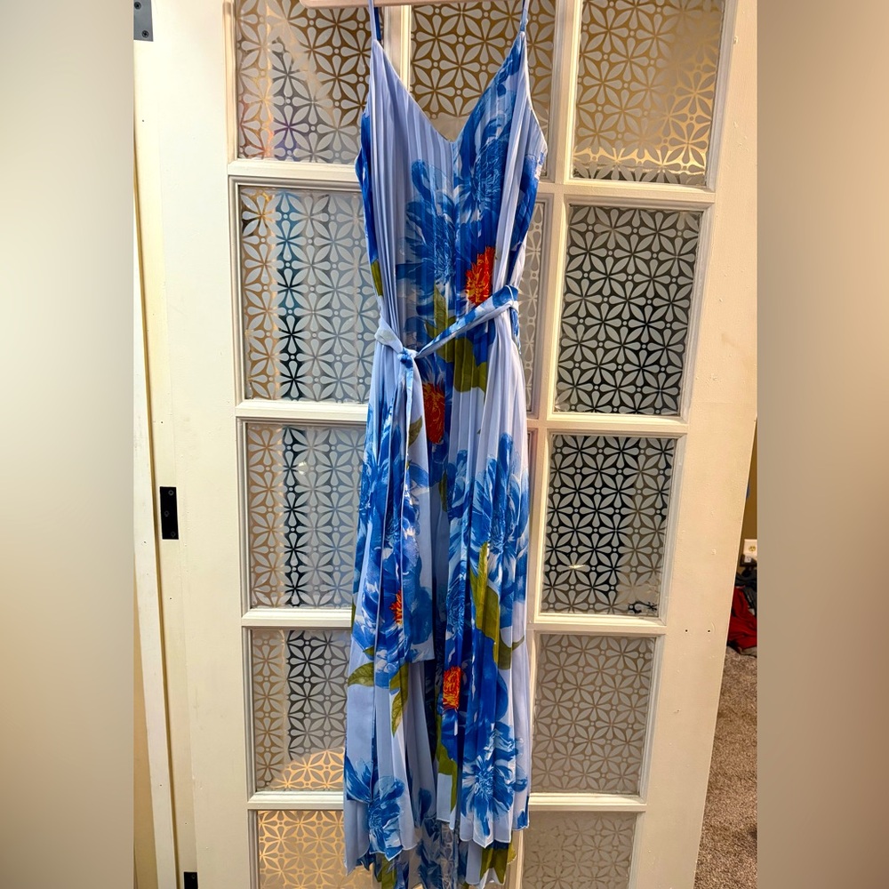 Premier amour blue floral pleated belted sundress sz 10